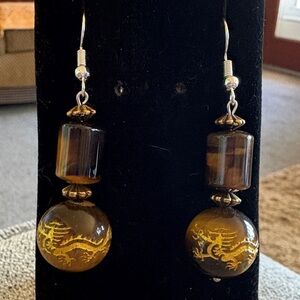 Hand Crafted Gold and Tigers Eye Dragon Earrings